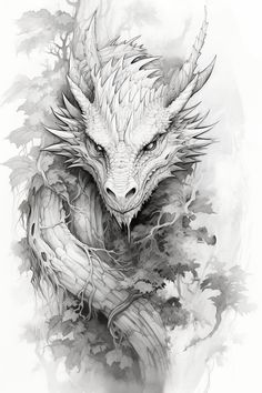 a drawing of a dragon with its eyes closed and branches growing out of it's body