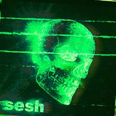 there is a neon green skull on the back of a sign that says sesh