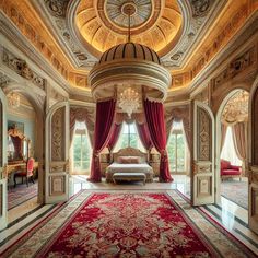 a fancy bedroom with red and gold curtains, chandelier, bed and rug