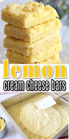 lemon cream cheese bars are stacked on top of each other and ready to be eaten