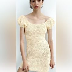 Crochet Dress, Size Small, New With Tags, Perfect Summer Dress Or Coverup Beige Knitted Casual Mini Dress, Knitted Fitted Mini Dress, Casual Beige Knitted Mini Dress, Fitted Knitted Mini Dress, Beige Knitted Mini Dress, Chic Fitted Crochet Knit Dress, Summer Knit Crochet Mini Dress, Chic Beige Crochet Knit Dress, Summer Short Sleeve Crochet Dress