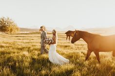 the bride and groom are walking with their horses in an open field at sunset time