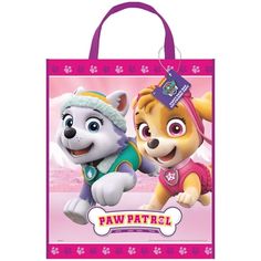 the paw patrol bag is pink and has two dogs on it