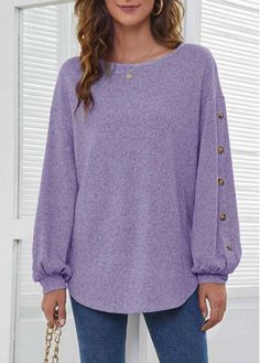 Color:Purple;Size:S;Size:M;Size:L;Size:XL;Size:2XL;Decoration:Decorative Button;Package Contents:1 X T Shirt;Sleeve's Length:Long Sleeve;Pattern Type:Solid;Neckline:Round neck;Clothing's Length:Regular;Occasion:Staycation;Style:Casual;Washing Instructions:Hand Wash /Machine Washable;Composition:95%Polyester，5%Spandex;Season:Winter;Color Scheme:Purple;Clothing Length:71.00; Casual Long Sleeve Purple Shirt, Stylish Long Tops For Women, Purple Long Sleeve T-shirt For Fall, Purple Cotton Long Sleeve Sweatshirt, Stylish Tops For Girls, Purple Long Sleeve Winter T-shirt, Casual Purple Blouse 3/4 Sleeve, Flower Print Blouse, Womens Trendy Tops