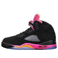 Hitting shelves in 1990, Air Jordan 5 combines the mesh side panels and a translucent sole. Taking inspiration from World War II fighter planes and Jordan’s biting style, Tinker Hatfield added “shark-teeth”  into the sneaker's design along the midsole.\n Jordan 5 Retro Pink, Jordans Bright, Jordan 5 Pink, Jordans For Kids, Jordan Shoes For Kids, Jordan 5s, Pink Basketball Shoes, Cute Jordans, Sky Shoes