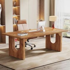 a wooden desk in the middle of a room with a lamp on top of it