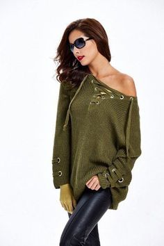 Cozy Lace Up Sweater #jessleaboutique Olive Sweater, Waffle Knit Sweater, Long Sleeve Knit Dress, Shopping Deals, Football Outfits, Comfy Sweaters, Sweaters Online, Neck Lace