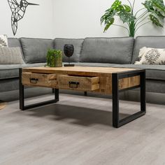 a living room with grey couches and wooden coffee table in the center, surrounded by plants