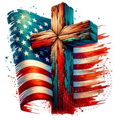 an american flag with a cross painted on it and watercolor paint splatters