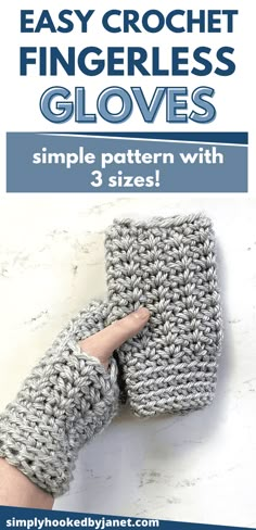 the easy crochet fingerless gloves pattern is shown with 3 sizes to choose from