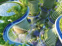 an aerial view of a futuristic city surrounded by trees