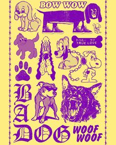 an old poster with various dogs and their names in purple ink on yellow paper, as well as the words dog woof