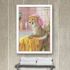 a painting of a cheetah sitting in a bathtub next to a towel rack