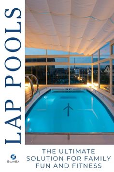 an indoor swimming pool with the words tap pools on it's front and back cover