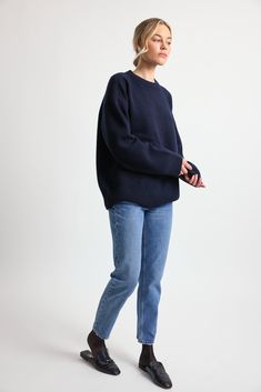 The most luxurious and softest oversized wool cashmere crewneck sweater. The dropped shoulders and rounded stuffed crew neck line detail gives a cool modern effect. There is also an extra layer of detail with wide ribbings on the sleeves and hemlines. The warmth and coziness of this sweater is something you will want to wear all winter long. Navy Blue Crewneck Outfit, Blue Crewneck Outfit, Blue Pullover Outfit, Navy Blue Sweater Outfit, Navy Sweater Outfit, Fleece Pullover Outfit, Blue Sweater Outfit, Crew Neck Sweater Outfit, Crewneck Outfit