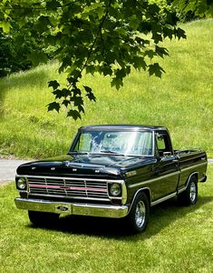 an old pickup truck is parked on the grass near a tree and road in front of it