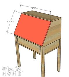 a wooden desk with a red roof on top and measurements for the legs below it