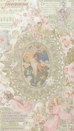 an ornate wallpaper with pink flowers and fairy images on the side, surrounded by music notes