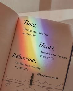 an open book with the words time, decide who you meet in your life