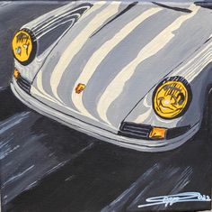 a painting of a sports car painted on the side of a building with yellow and white stripes