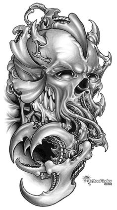 a drawing of a skull with an octopus on it's head and tentacles coming out of its mouth