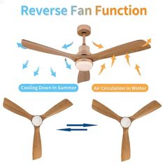 an image of a ceiling fan with three blades and the words reverse fan function cooling down in summer air creation in winter