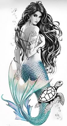 a drawing of a mermaid sitting on top of a turtle with long hair and tattoos