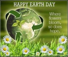 the earth is surrounded by daisies and green grass with an arrow pointing to it