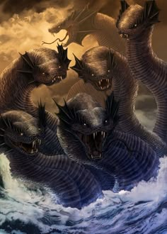 three dragon like creatures swimming in the ocean