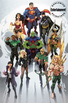 the cover to dc's new 52 - page comic book, featuring many superheros