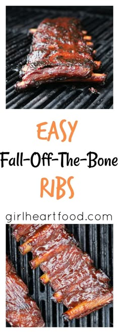 bbq ribs on the grill with text overlay that says easy fall off the bone ribs