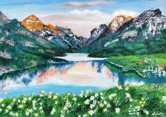 a painting of mountains and water with flowers in the foreground