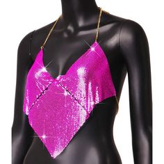 Pink metal halter top. Metallic Halter Top For Summer Party, Summer Party Metallic Halter Top, Glamorous Metallic Halter Top For Night Out, Metallic Halter Top For Summer Evenings, Glamorous Triangle Halter Top For Parties, Glamorous Metallic Halter Top, Sequin Halter Neck Top For Club, Sequined Halter Neck Top For Club, Pink Triangle Halter Top For Party