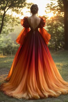 Rachel Fantasy Dress, Autumn Ball Gown, Fire Inspired Dress, Orange Wedding Dresses, Red Fantasy Gown, Orange Princess Dress, Fantasy Ball Gowns, Sunset Gown