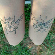 two tattoos on the legs of people with bugs and moths tattooed on them, both of which are facing opposite directions