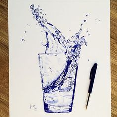 a pen and ink drawing of a glass of water