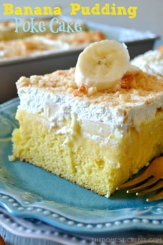 a piece of banana pudding poke cake on a blue plate