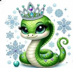 a green snake wearing a tiara with snowflakes on it's head