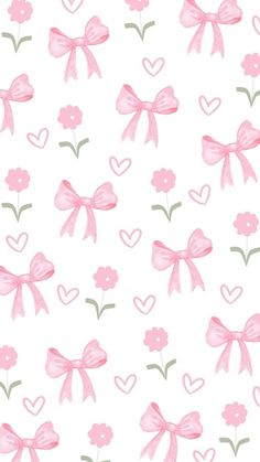 pink bows and hearts on a white background with green stems in the center, as well as two smaller heart shaped flowers