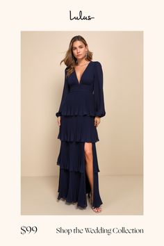 Elegance and poise come naturally with a look like the Lulus Graceful Finesse Navy Blue Pleated Long Sleeve Maxi Dress! Lightweight woven chiffon shapes a lightly gathered bodice, a plunging V-neck (and back), and semi-sheer balloon sleeves with elastic at the cuffs. The high, banded waist tops an A-line skirt that boasts flouncy pleated tiers as it cascades down to a sweeping maxi hem. Hidden back zipper/clasp. Fit: This garment fits true to size. Length: Floor length. Size medium measures 60.5 Gathered Bodice, Lulu Fashion, Dress Pleated, Bridal Party Dresses, Adhesive Bra, Sleeve Maxi Dress, Long Sleeve Maxi, Balloon Sleeves, Dress 100