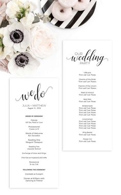 Wedding program front and back with ceremony and wedding party details, black and white Graduation Program, Wedding Bathroom Signs, Modern Black And White Wedding, Template Black And White