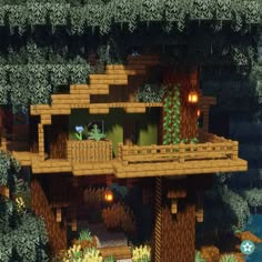 a tree house built into the side of a forest with lots of trees and plants