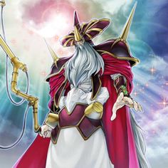 an anime character dressed in red, white and gold holding a bow with one hand