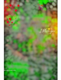 a blurry photo with the words i miss you written in red and green colors