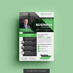 a green and black business flyer template with an image of a man in a suit