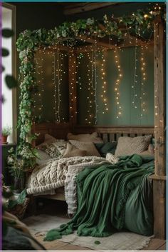 #homedecor, #interiordesign, #homedesign, #decor inspiration Cozy Bedroom Aesthetic Green, Dark Green Forest Bedroom, Forest Green Room Ideas Bedroom Aesthetic, Dark Fantasy Bedroom Ideas, Forest Green Bedding Ideas, Dark Green Witchy Bedroom, Dark Forestcore Bedroom, Brown Black And Green Bedroom