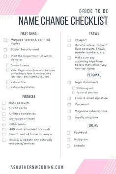 a pink and white checklist with the words, name change checklist