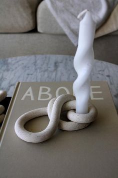 a white candle sitting on top of a book next to an object that is shaped like a snake