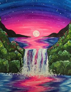 a painting of a waterfall at night with the moon in the sky and stars above it