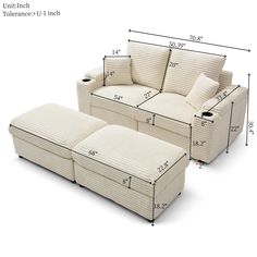 two couches with measurements for each seat